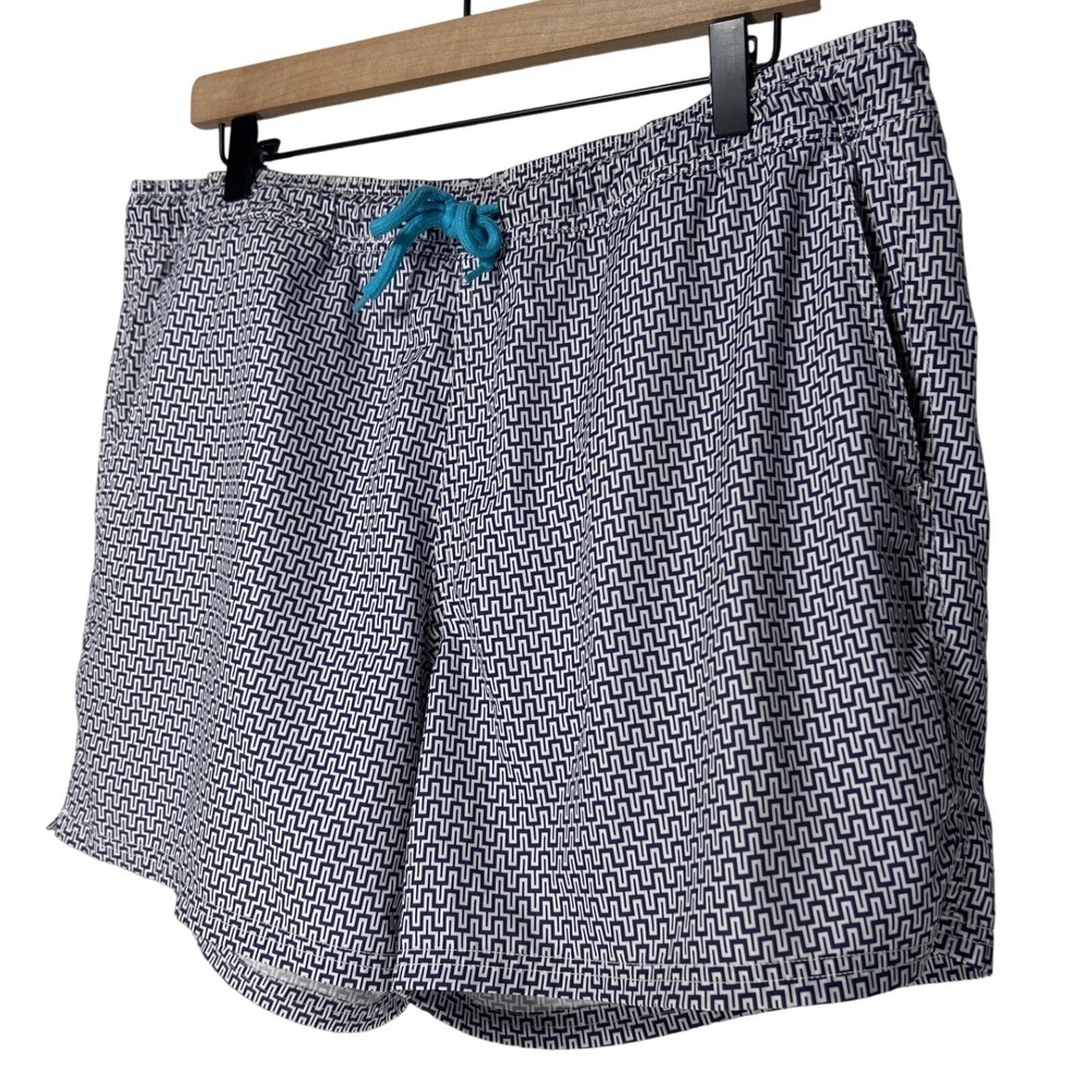 J.Crew Flex Swimwear Mens Large Navy White Geometric Greek Key Swim Trunks L EUC